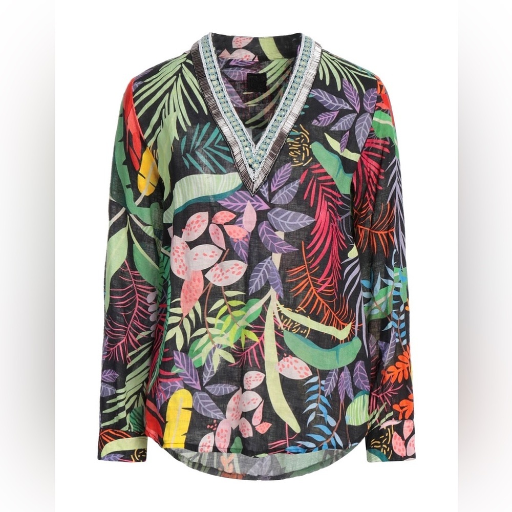 120% Lino Long Sleeved Floral Beaded Linen Top small MSRP‎ $532